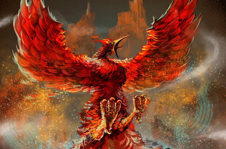 Phoenix illustration, fiction, flame, wings, art, Firebird, beak. fire