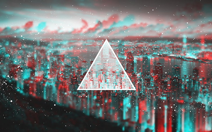 city buildings wallpaper, triangle, 3D, anaglyph 3D, cityscape, HD wallpaper