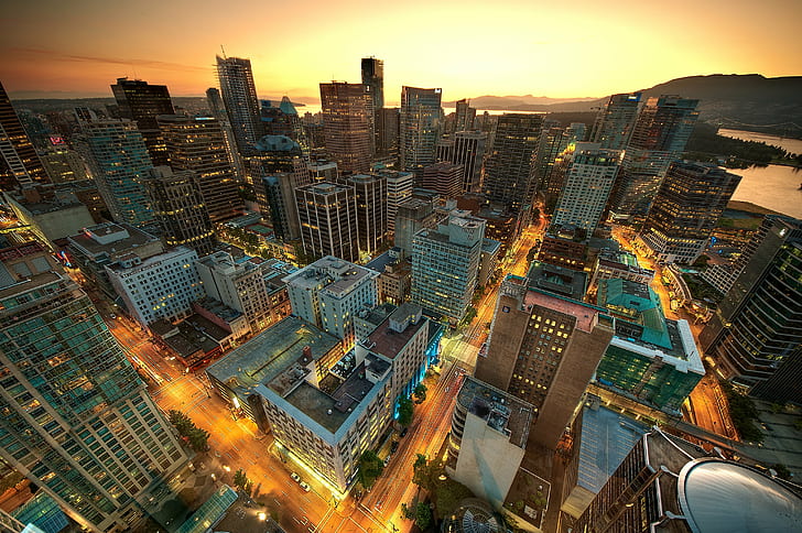 aerial photography of urban city during golden hour, downtown vancouver, downtown vancouver, HD wallpaper