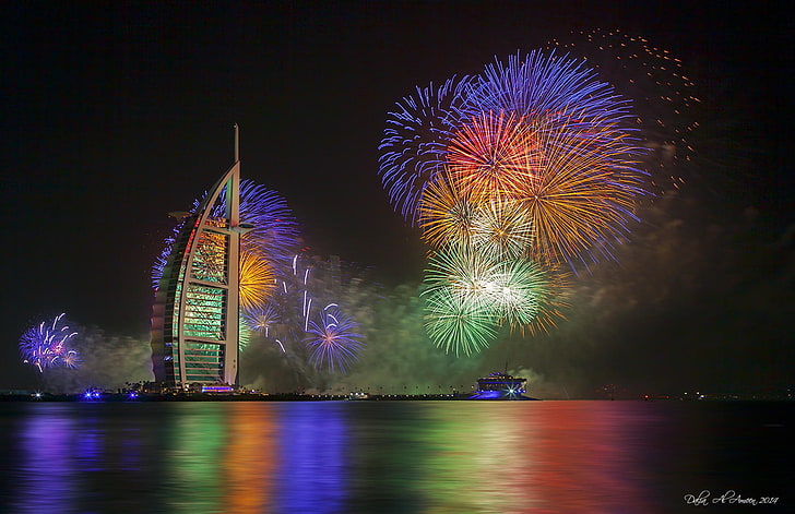 Burj Al Arab, Dubai, night, lights, new year, fireworks, the hotel, HD wallpaper