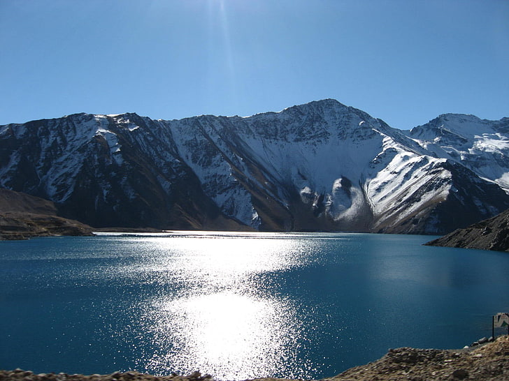 snow-covered mountain, landscape, Embalse El Yeso, Chile, water, HD wallpaper