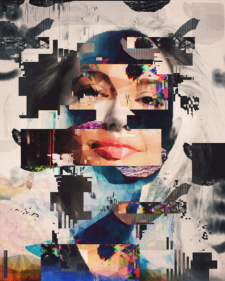 Angelina Jolie mosaic portrait, abstract, glitch art, digital composite