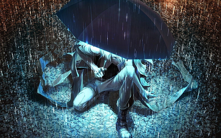 anime, neon, rain, umbrella, glowing, water, real people, men, HD wallpaper