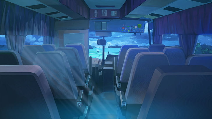 buses, clouds, night, Everlasting Summer, moonlight, seat, vehicle interior
