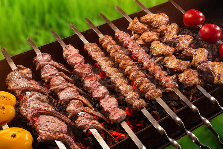meat, vegetables, kebab, grill, food, food and drink, barbecue, HD wallpaper