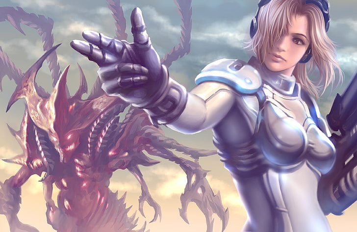 brown haired female anime character illustration, starcraft, diablo