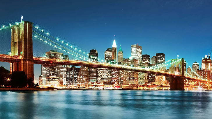 brooklyn bridge, new york city, usa, united states, city lights