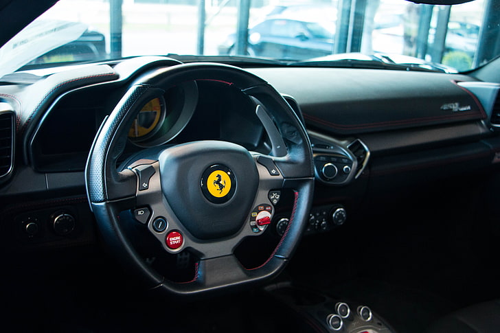 black and red car steering wheel, Ferrari, car interior, Ferrari 458 Speciale