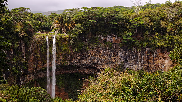 clear waterfall, landscape, mountains, tree, beauty in nature, HD wallpaper