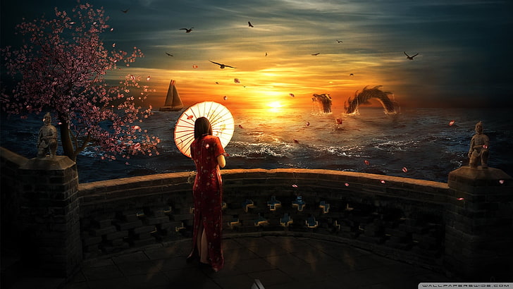 woman in red floral dress holding oil paper umbrella, fantasy art