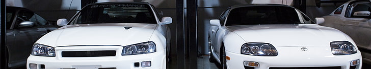 two white cars, triple screen, Nissan GTR R34, Toyota Supra, land Vehicle, HD wallpaper