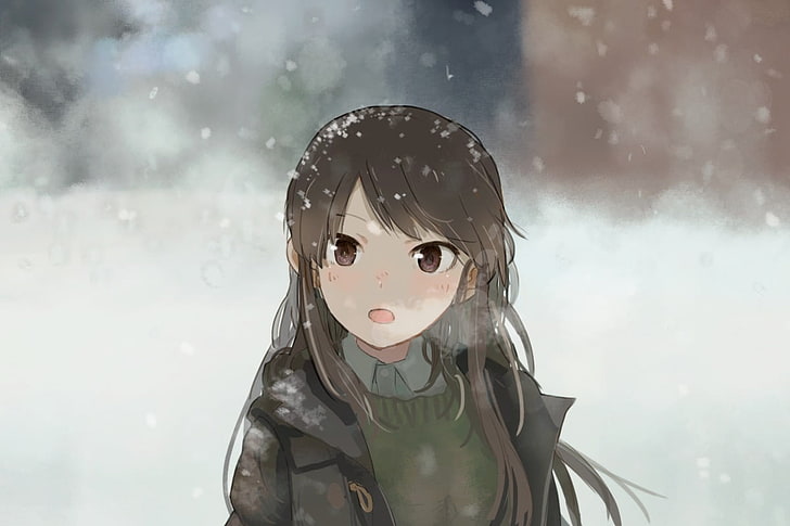 closeup photo of anime character, anime girls, snow, brunette