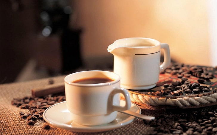 white ceramic teacup, coffee, coffee beans, drink, brown, coffee - Drink, HD wallpaper