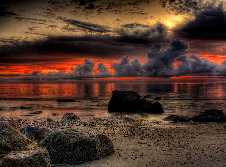 Dramatic Breathtaking Sunset, seashore illustration, Nature, Beach