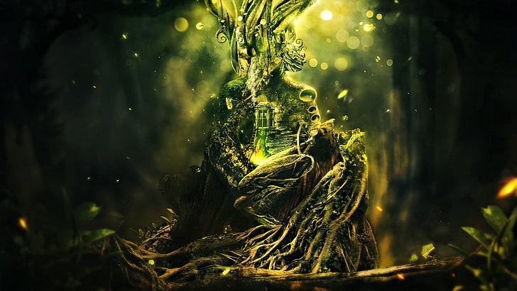 green tree illustration, roots, trees, door, branch, digital art