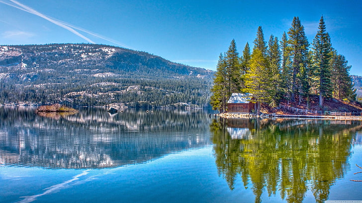 lake, reflection, nature, blue sky, wilderness, water, tree, HD wallpaper