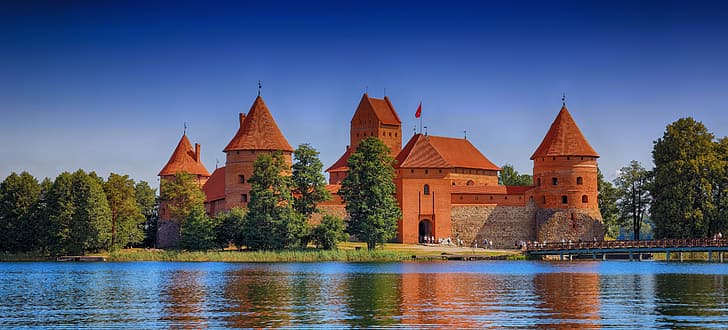 trees, bridge, lake, castle, Lithuania, Trakai castle, Lake Galve, HD wallpaper