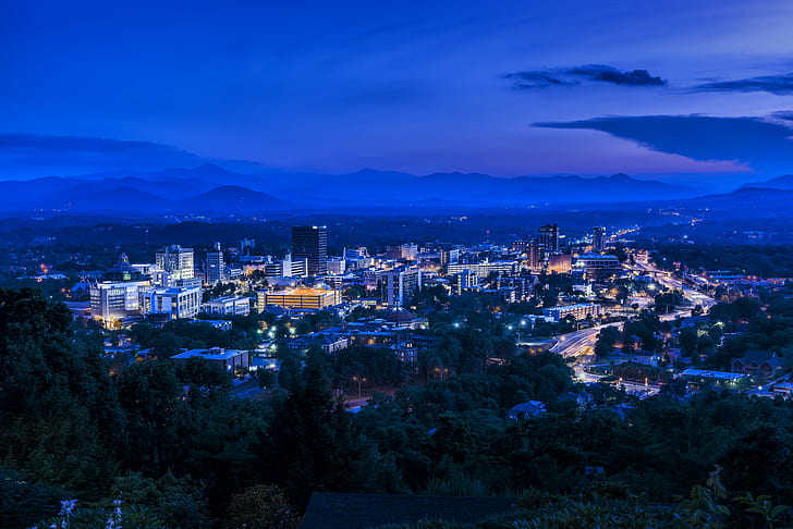 trees and buildings at night, asheville, north carolina, asheville, north carolina