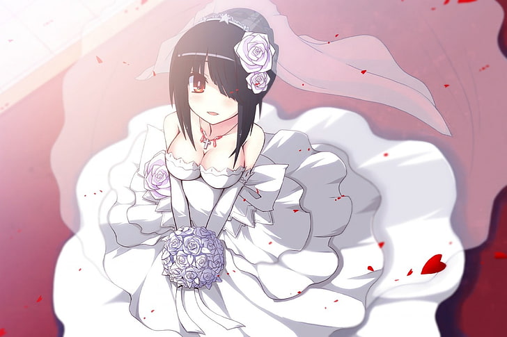 black-haired female anime character digital wallpaper, wedding dress