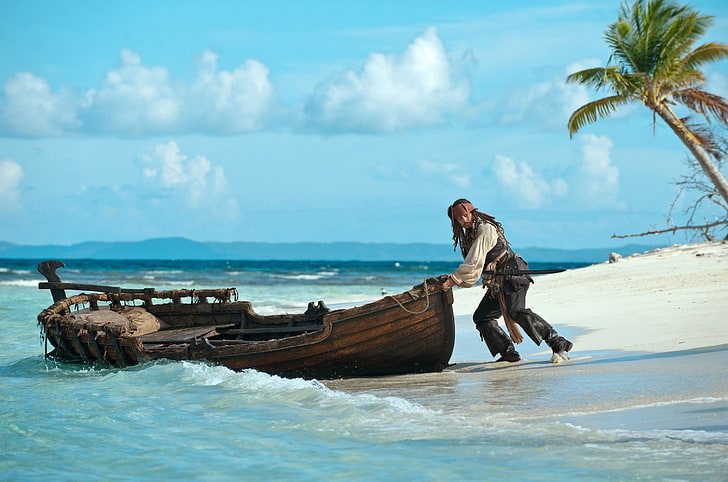 Captain Jack Sparrow, coast, boat, Johnny Depp, Pirates of the Caribbean: On stranger tides