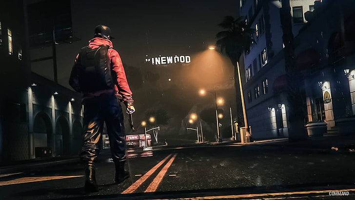 men's red jacket and black backpack, GTA5, Grand Theft Auto V, HD wallpaper