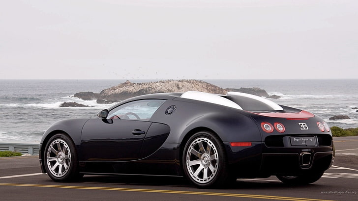 black Mercedes-Benz sedan, Bugatti Veyron, car, vehicle, sea, HD wallpaper