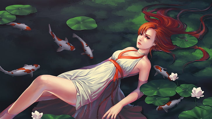 woman lying on body of water with koi fishes illustration, artwork