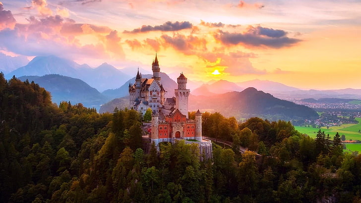 castle, sky, landmark, neuschwanstein castle, mountain, mountain village, HD wallpaper
