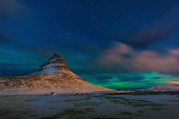 Snow cape mountain with aura boreualis, Aurora, Kirkjufell, night, HD wallpaper