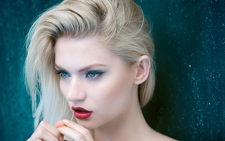 women's blonde hair, blue eyes, red lipstick, Martina Dimitrova, HD wallpaper