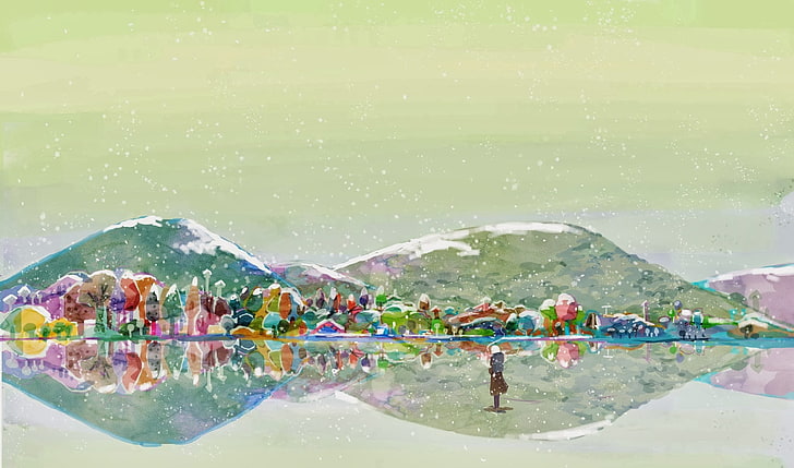 trees near mountains painting, Mushishi, artwork, snow, reflection, HD wallpaper