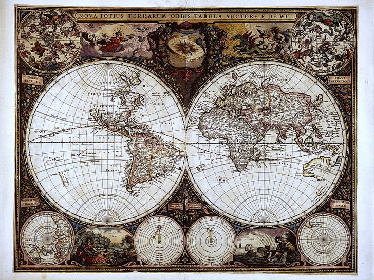 white, black, and brown Nova Totius early world map, earth, journey
