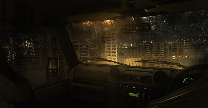 car, inside a car, rain, reflection, city, city lights, standing