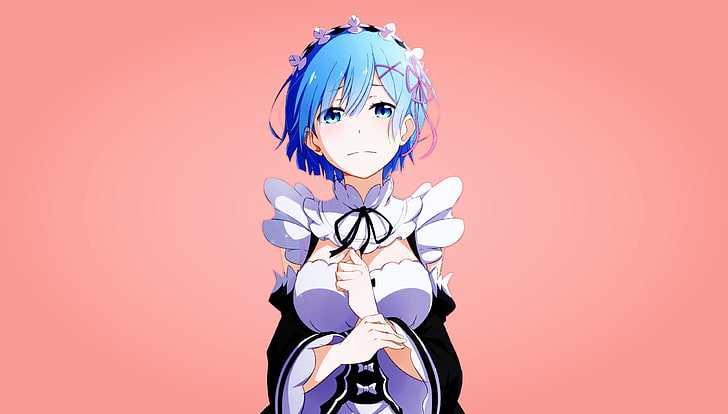 female anime character with blue short hair digital wallpaper