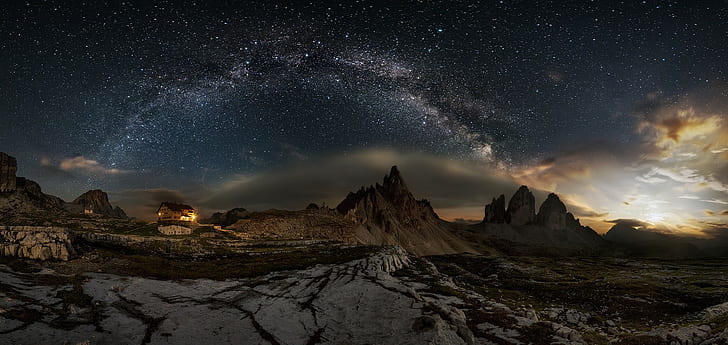panoramas, landscape, nature, cabin, Milky Way, Italy, photography