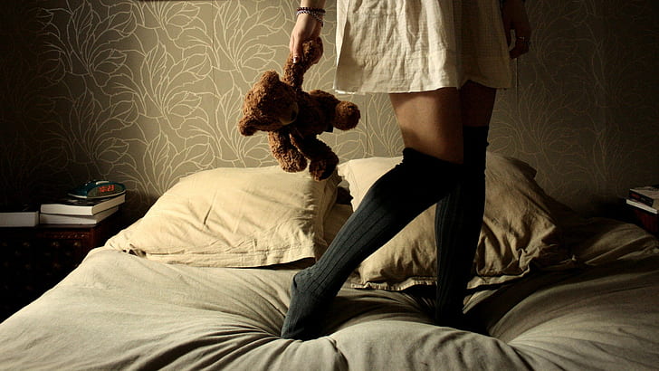 women, knee-highs, teddy bears, bed, legs, in bed, HD wallpaper