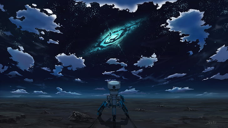 desert, Rakuen Tsuihou, stars, clouds, night, robot, Expelled From Paradise