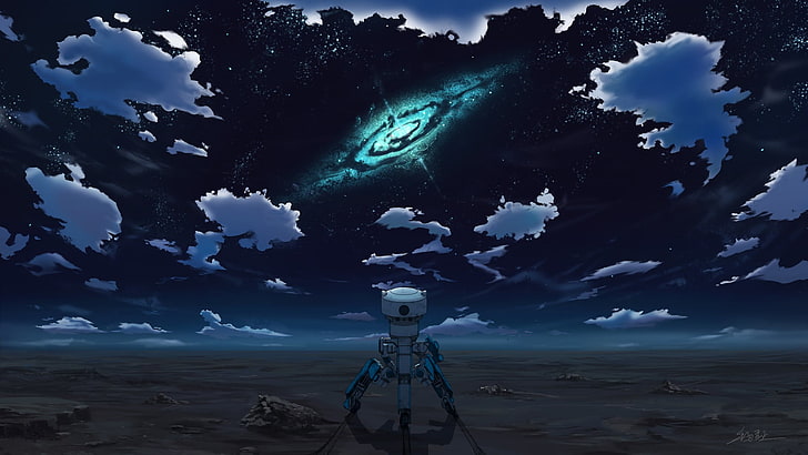anime wallpaper, night, space, Rakuen Tsuihou, stars, robot, desert, HD wallpaper