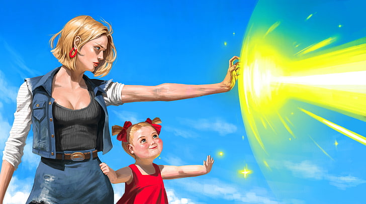 Dragonball Android 18 illustration, women, children, blouse, blonde