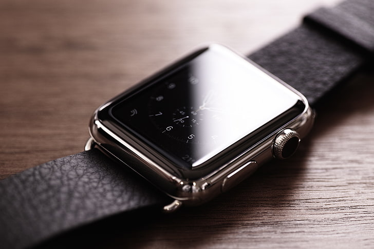 silver Apple Watch with black leather band, wristwatch, strap, HD wallpaper