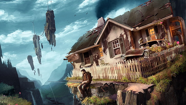 illustration of house, fantasy art, fishing rod, artwork, architecture