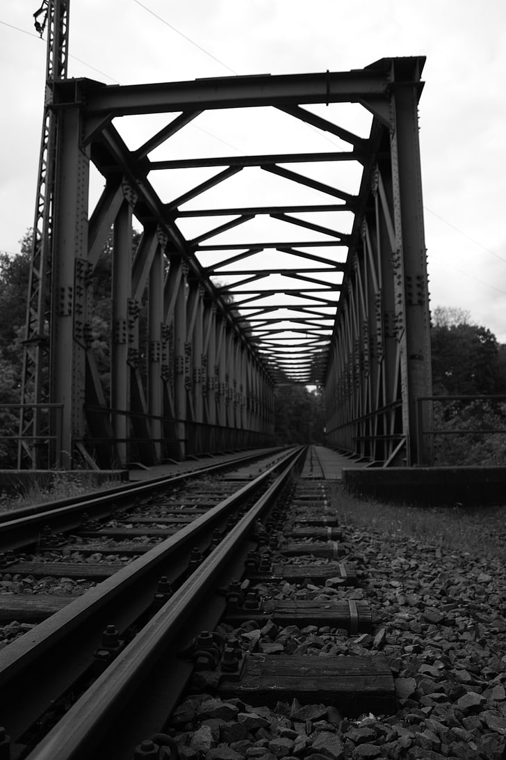 monochrome, bridge, railway, steel, track, transportation, railroad track, HD wallpaper