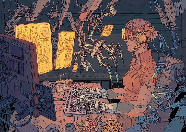 punk, tech, machine, women, cyborg, drawing, f1x-2, syringe, HD wallpaper