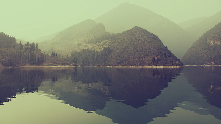 body of water, nature, landscape, mist, hills, reflection, tranquil scene