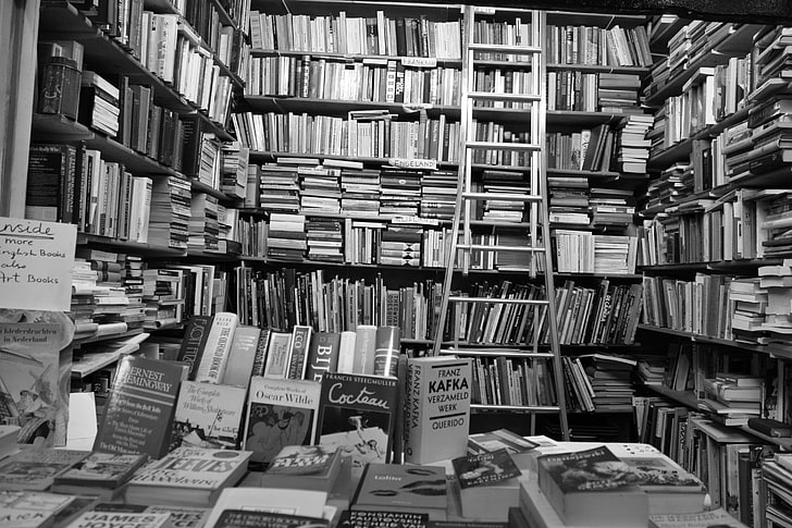 assorted-title book lot, Oscar Wilde, monochrome, books, Ernest Hemingway, HD wallpaper