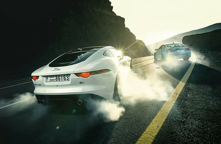 Jaguar, F-Type R and BMW, M3, DRIFTING, smoke, sports, cars, rear