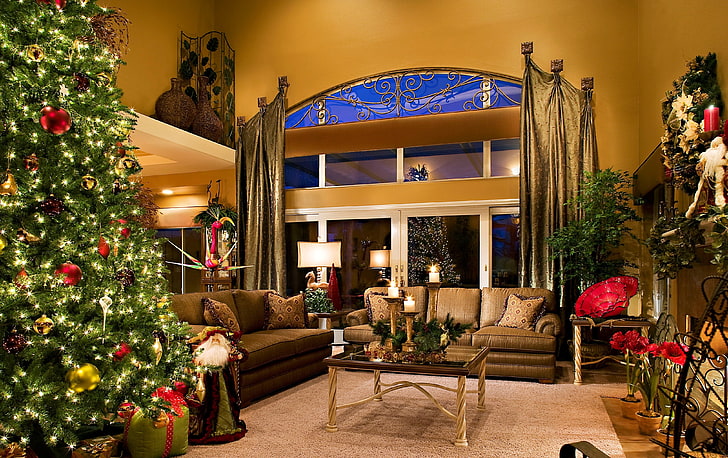 brown 3-seat sofa, holiday, new year, christmas, decorations, HD wallpaper
