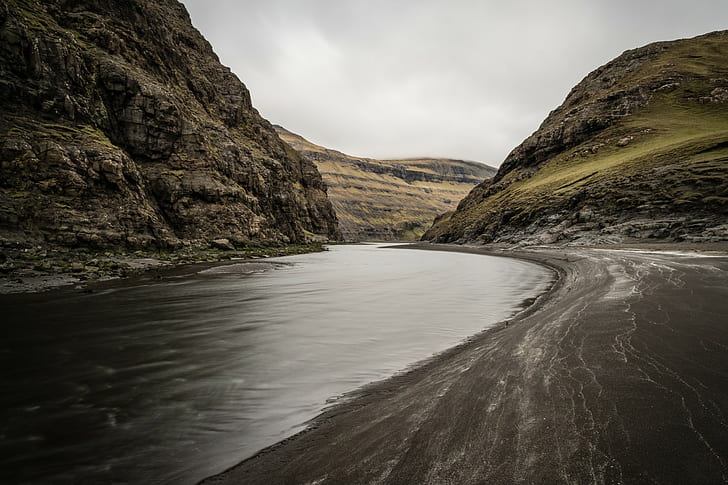 river, mountains, Faroe Islands, HD wallpaper