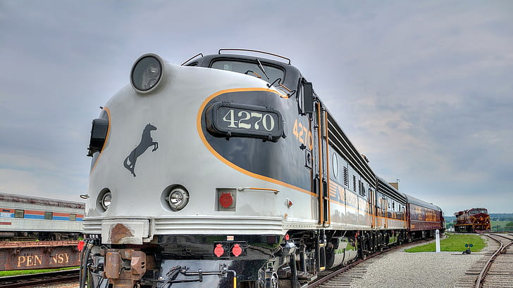 Railway, Train, Vehicle, Pennsylvania, USA, Diesel Locomotives, Clouds, Horse, Rail Yard, blue and white horse print train, HD wallpaper