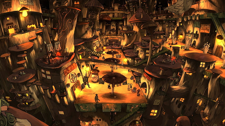 town painting, anime, indoors, large group of objects, retail